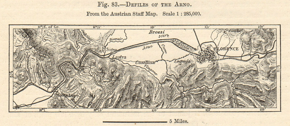 Defiles of the Arno from the Austrian Staff Map. Florence Sketch map. SMALL 1885